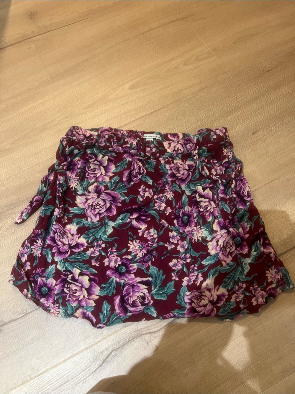 American Eagle Outfitters Burgundy Floral Wrap Mini Skirt